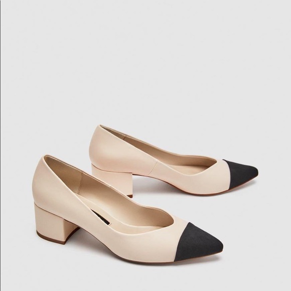 Zara Shoes - Zara Beige Pointed Black Cap Toe Block Heel